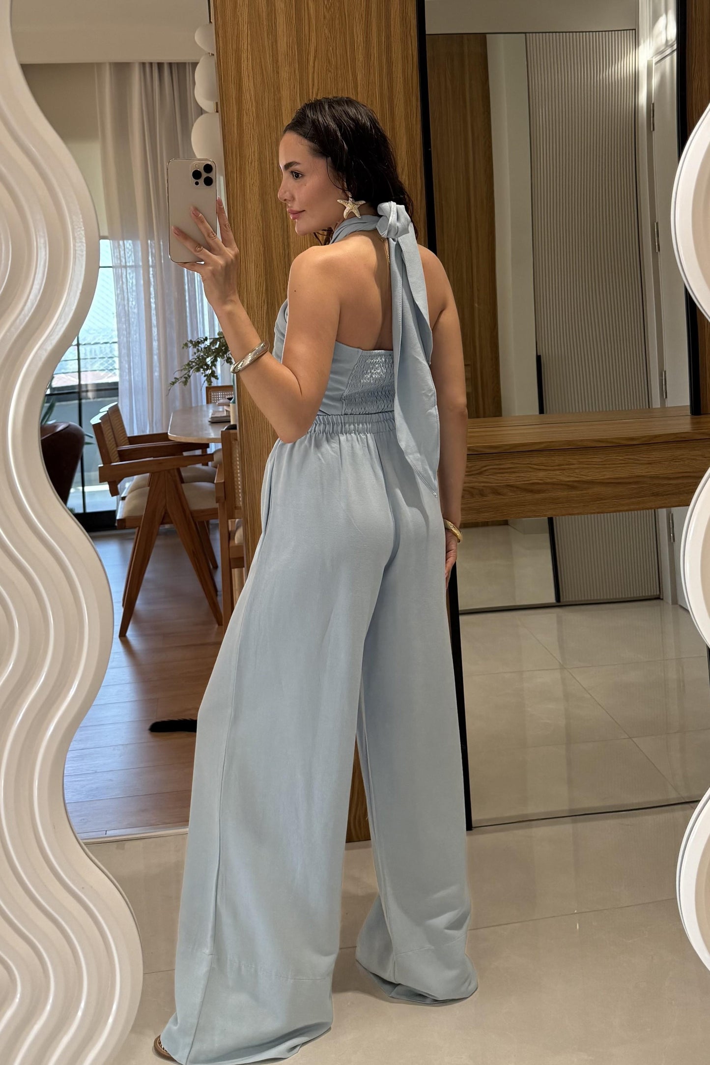 Ophira Mavi Boyundan Bağlamalı Keten Takım