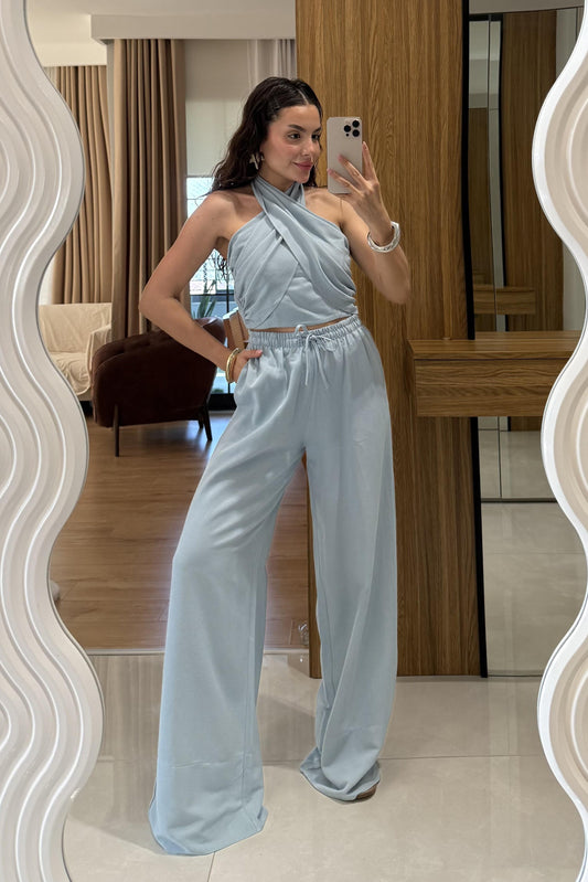 Ophira Mavi Boyundan Bağlamalı Keten Takım