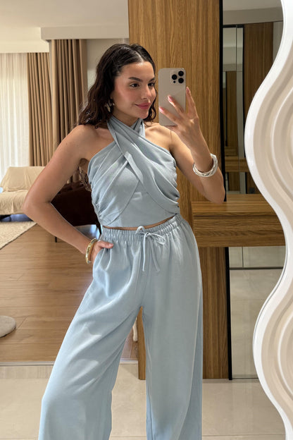 Ophira Mavi Boyundan Bağlamalı Keten Takım