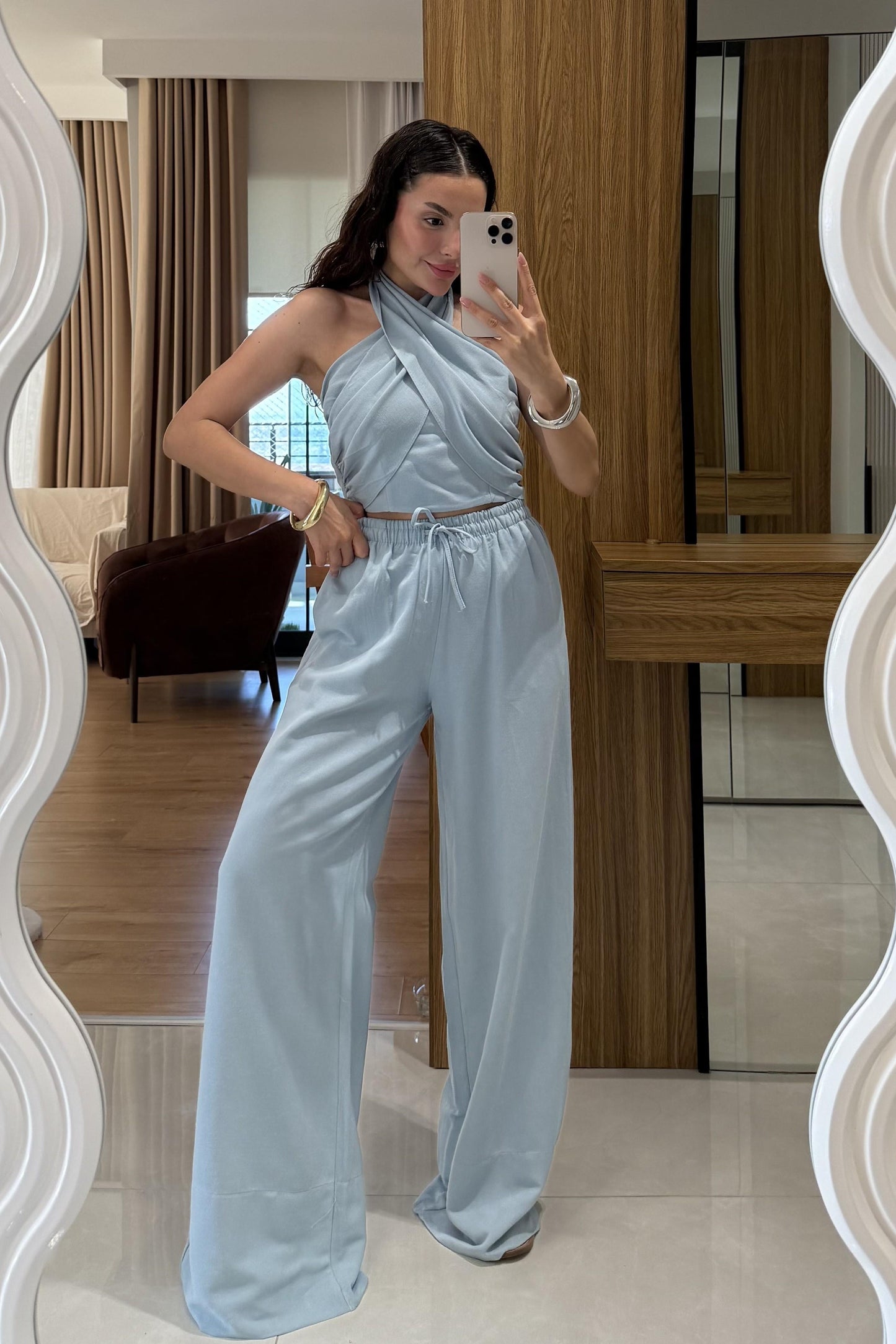 Ophira Mavi Boyundan Bağlamalı Keten Takım