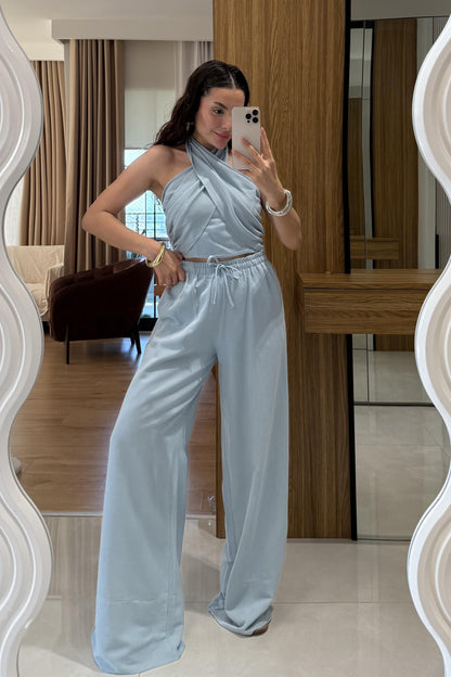 Ophira Mavi Boyundan Bağlamalı Keten Takım