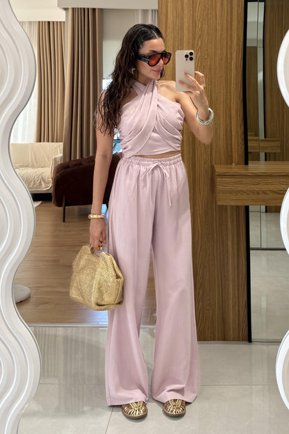 Ophira Pembe Boyundan Bağlamalı Keten Takım