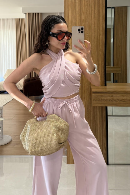 Ophira Pembe Boyundan Bağlamalı Keten Takım