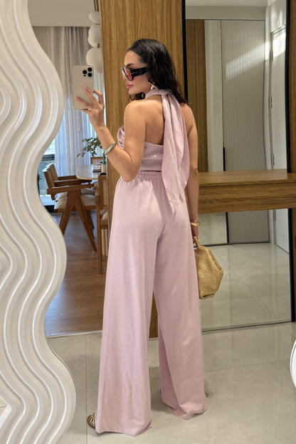 Ophira Pembe Boyundan Bağlamalı Keten Takım