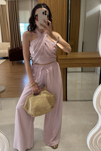 Ophira Pembe Boyundan Bağlamalı Keten Takım