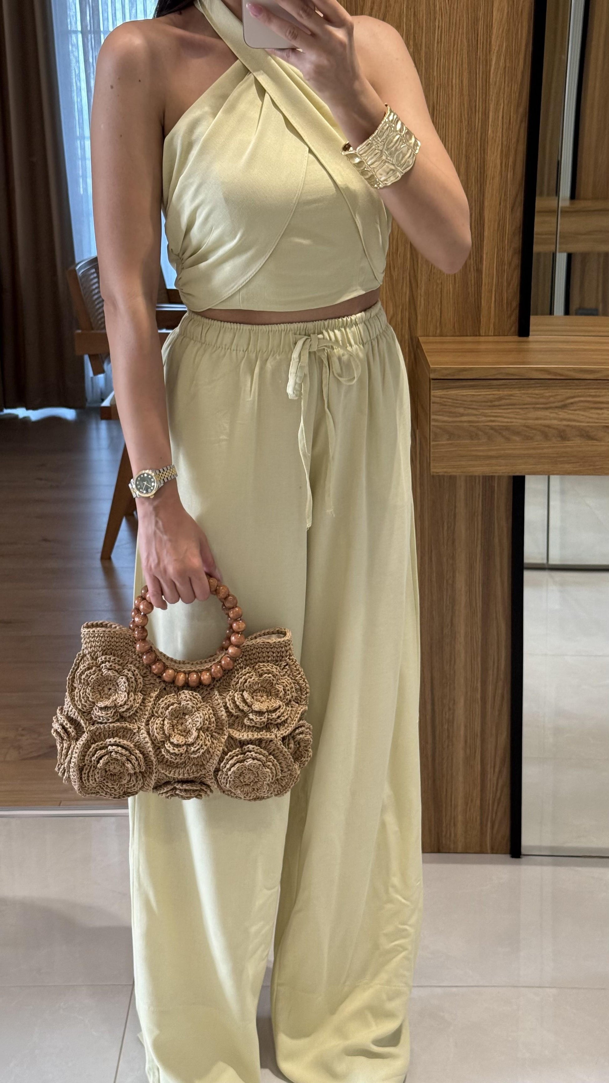 Ophira Sarı Boyundan Bağlamalı Keten Takım