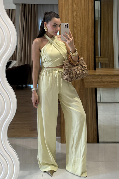 Ophira Sarı Boyundan Bağlamalı Keten Takım