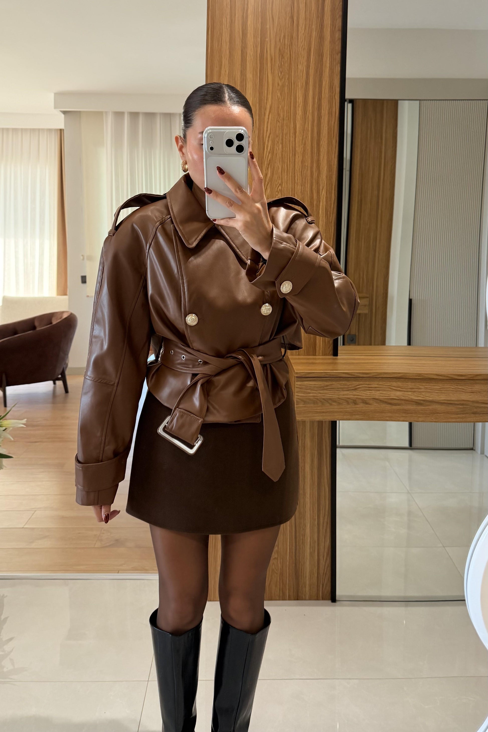 Orienne Kahve Gold Düğmeli Deri Ceket