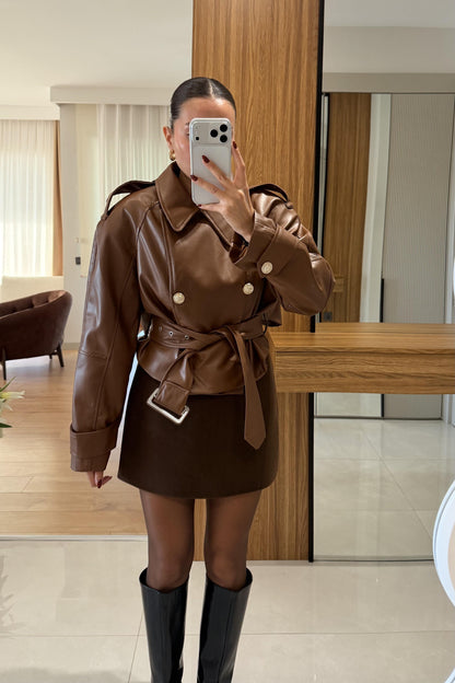 Orienne Kahve Gold Düğmeli Deri Ceket