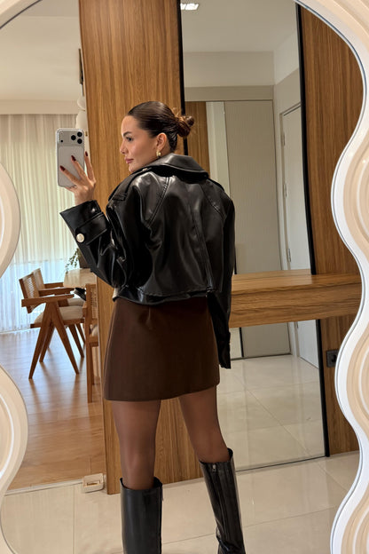 Orienne Siyah Gold Düğmeli Deri Ceket