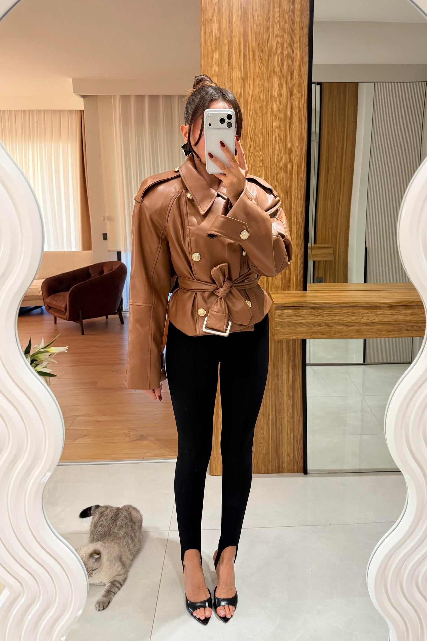 Orienne Taba Gold Düğmeli Deri Ceket