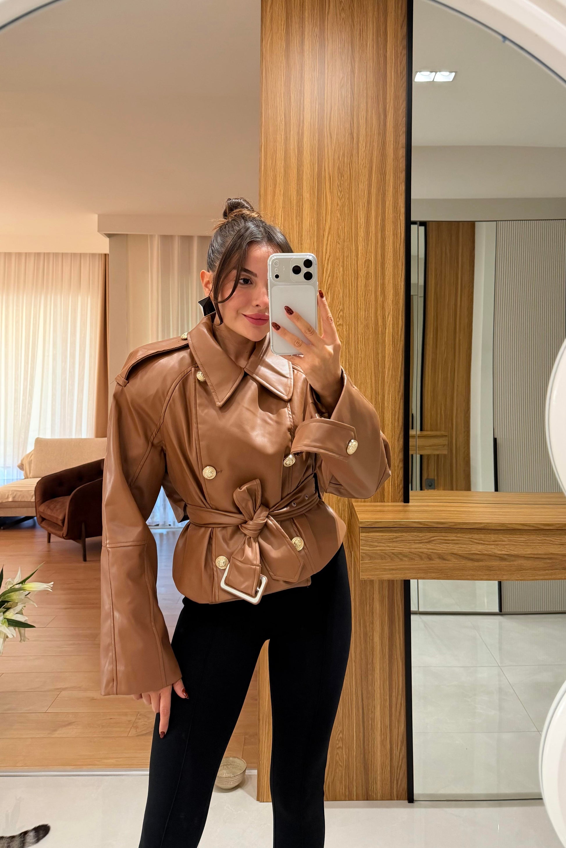 Orienne Taba Gold Düğmeli Deri Ceket