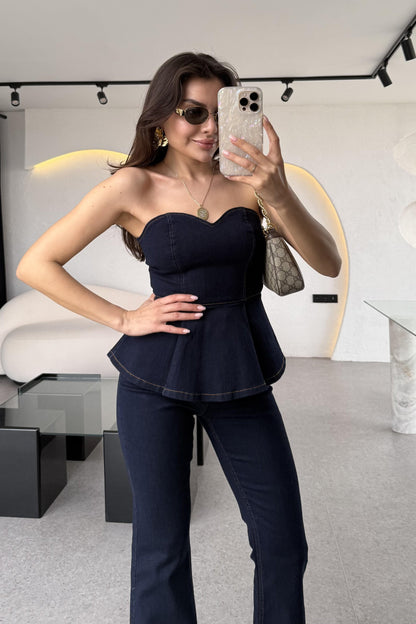 Oriente Denim Straplez Volanlı Takım