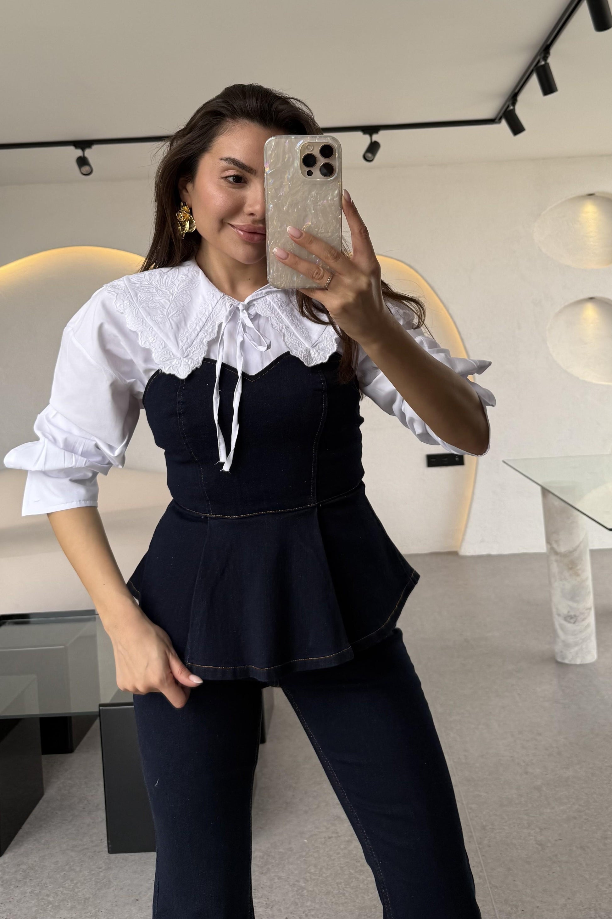 Oriente Denim Straplez Volanlı Takım