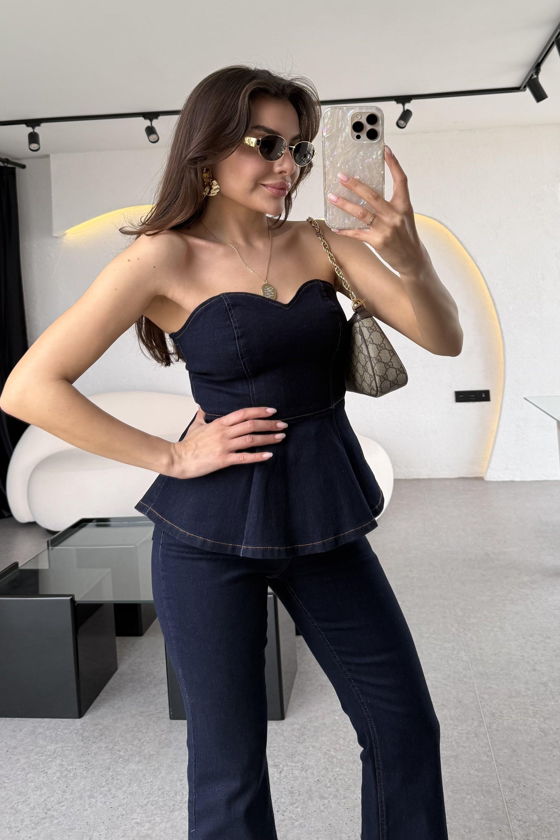 Oriente Denim Straplez Volanlı Takım