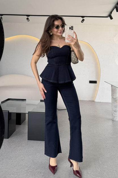 Oriente Denim Straplez Volanlı Takım