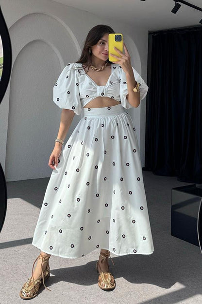 Orion Mavi Çiçek Nakışlı Crop Etek Takım