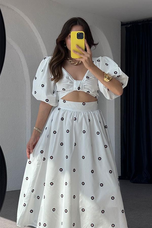 Orion Mavi Çiçek Nakışlı Crop Etek Takım