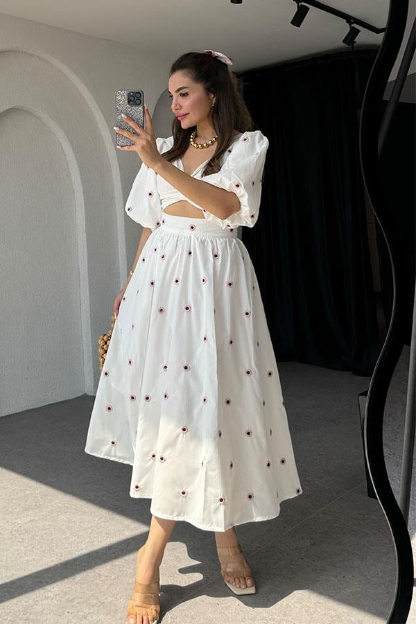 Orion Pembe Çiçek Nakışlı Crop Etek Takım