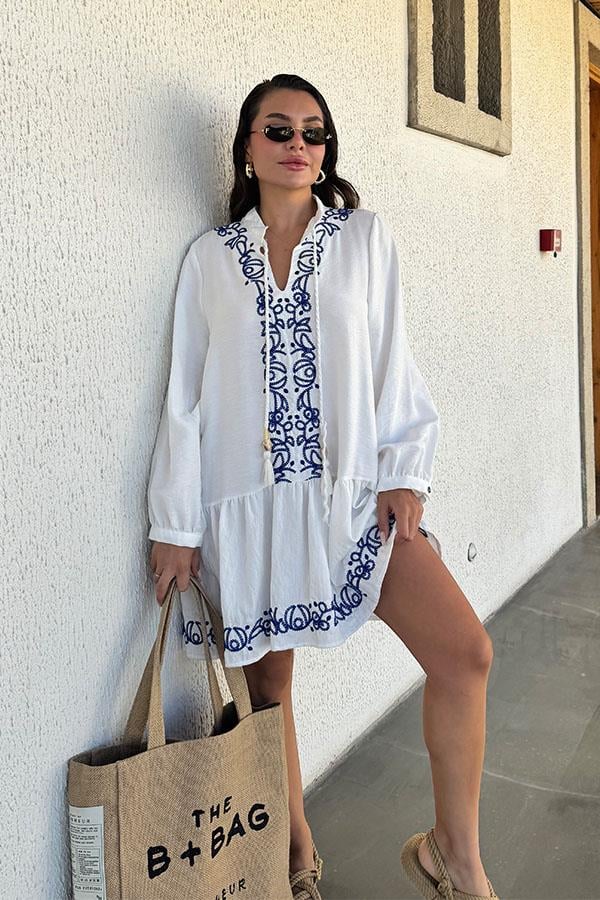 Orla Bohem Mavi Nakış Detaylı Elbise