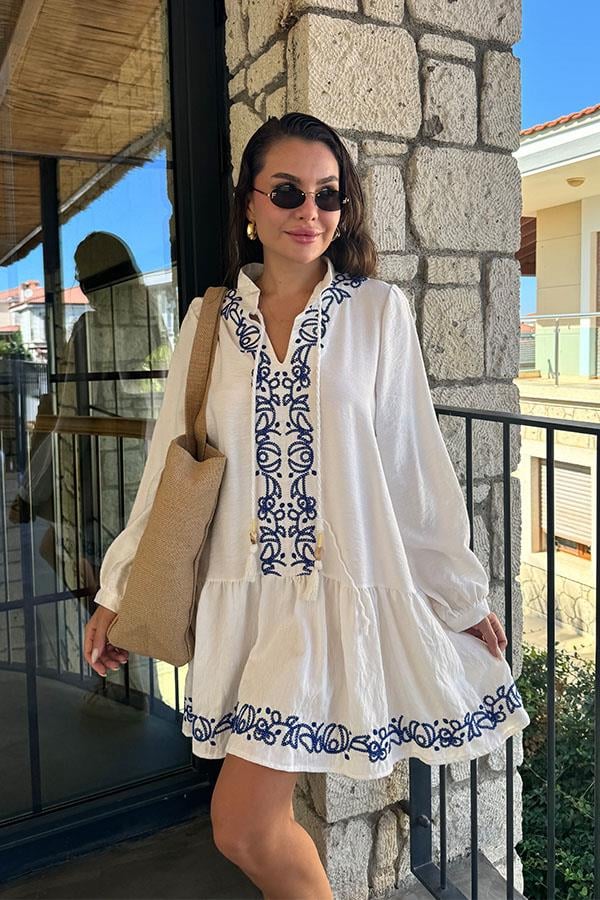 Orla Bohem Mavi Nakış Detaylı Elbise