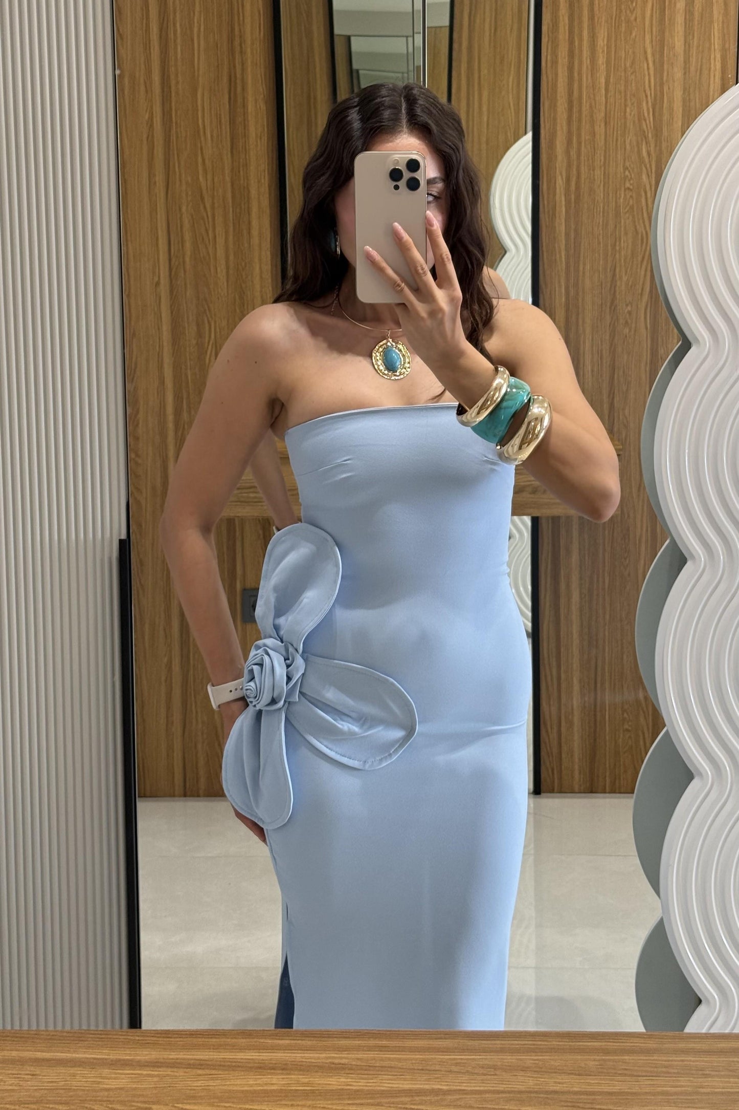 Orselle Mavi Gül Detaylı Straplez Elbise