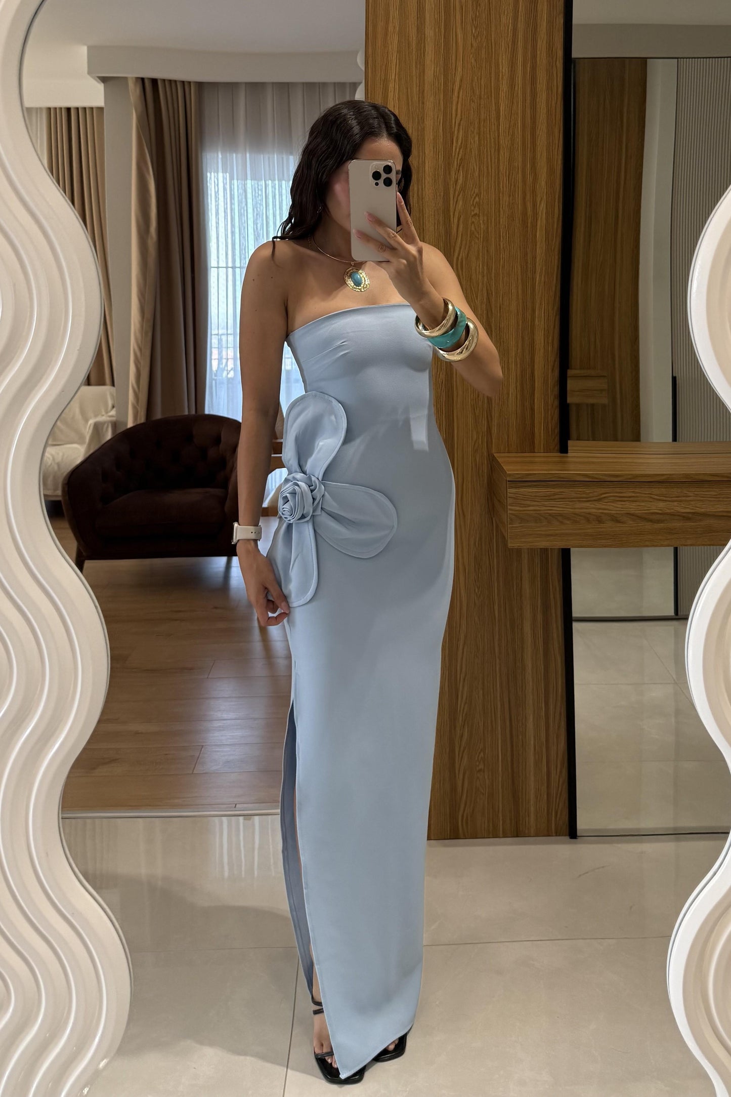 Orselle Mavi Gül Detaylı Straplez Elbise