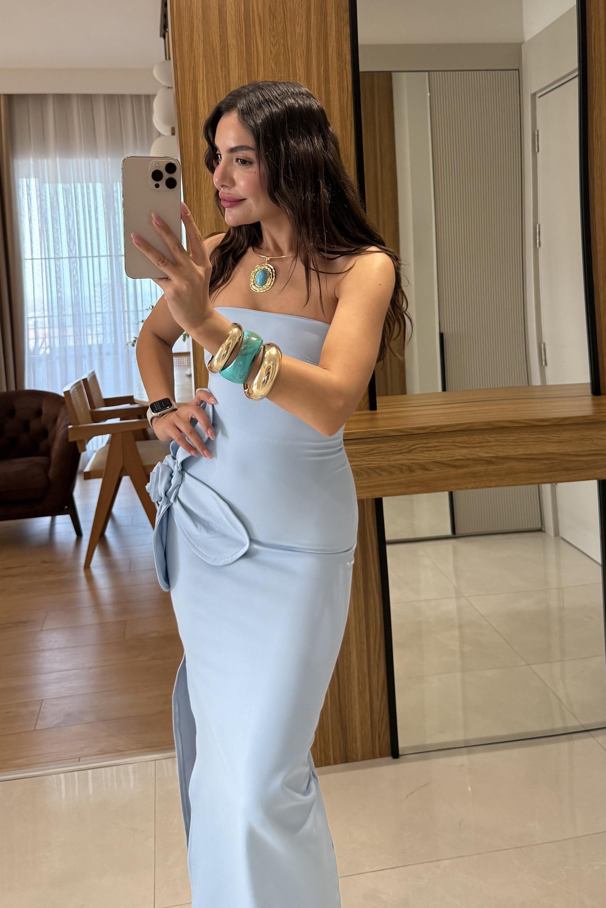 Orselle Mavi Gül Detaylı Straplez Elbise