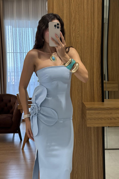 Orselle Mavi Gül Detaylı Straplez Elbise