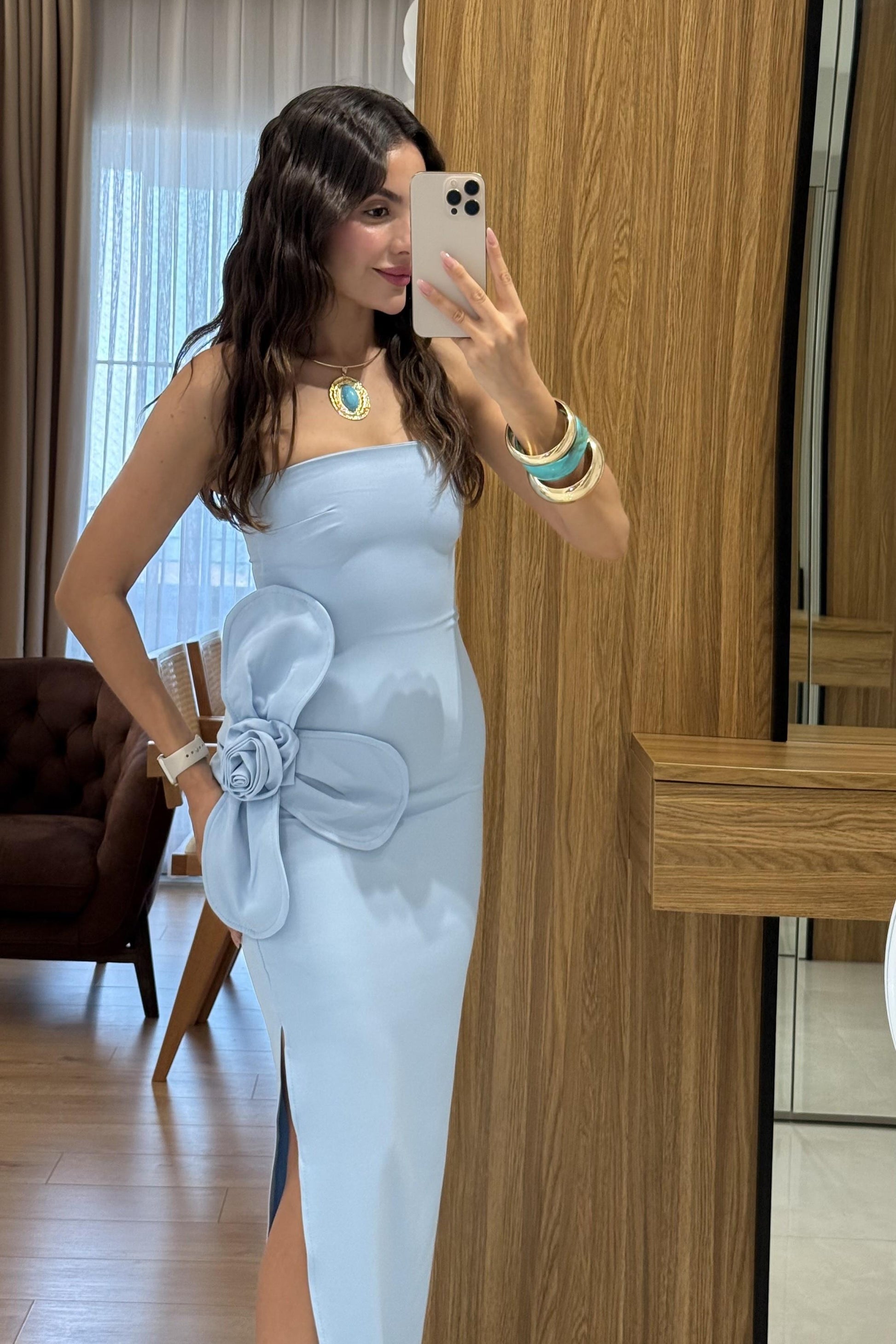 Orselle Mavi Gül Detaylı Straplez Elbise