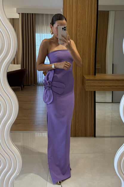 Orselle Mor Gül Detaylı Straplez Elbise