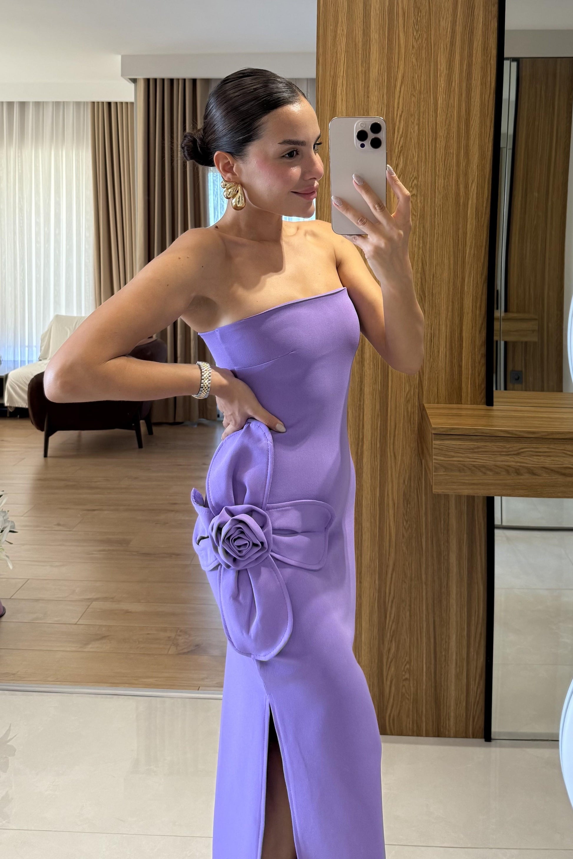 Orselle Mor Gül Detaylı Straplez Elbise