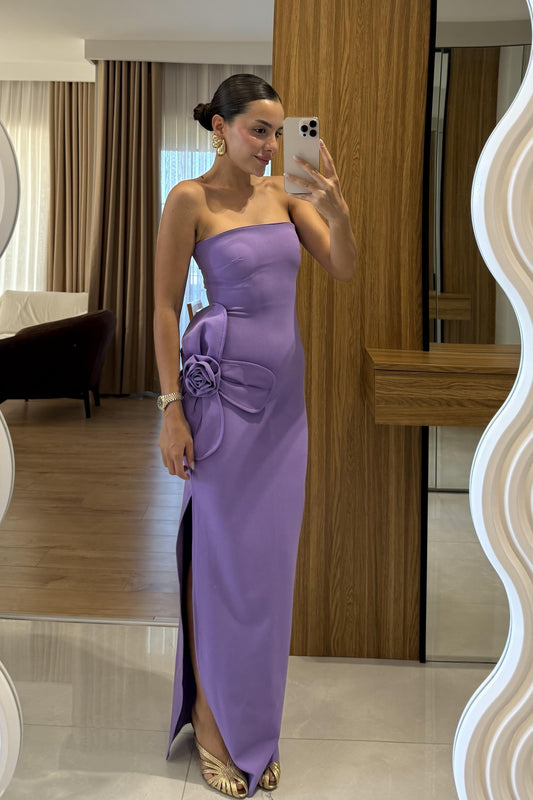 Orselle Mor Gül Detaylı Straplez Elbise