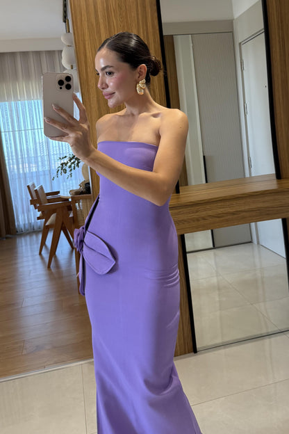 Orselle Mor Gül Detaylı Straplez Elbise