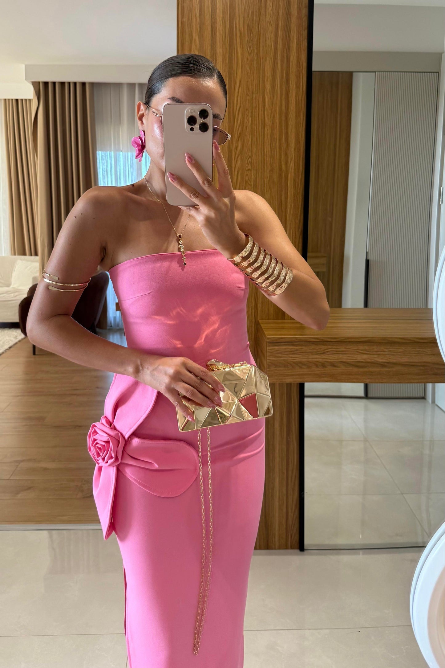 Orselle Pembe Gül Detaylı Straplez Elbise