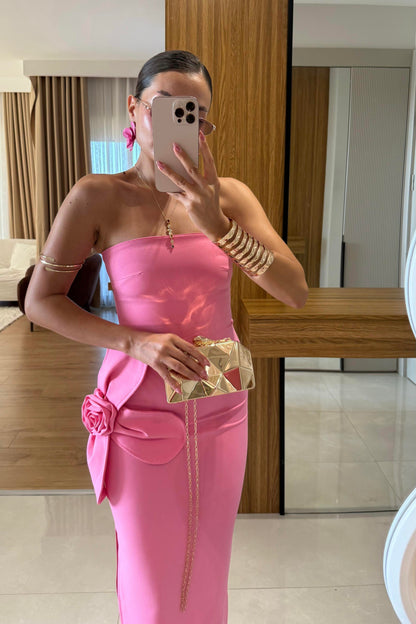 Orselle Pembe Gül Detaylı Straplez Elbise