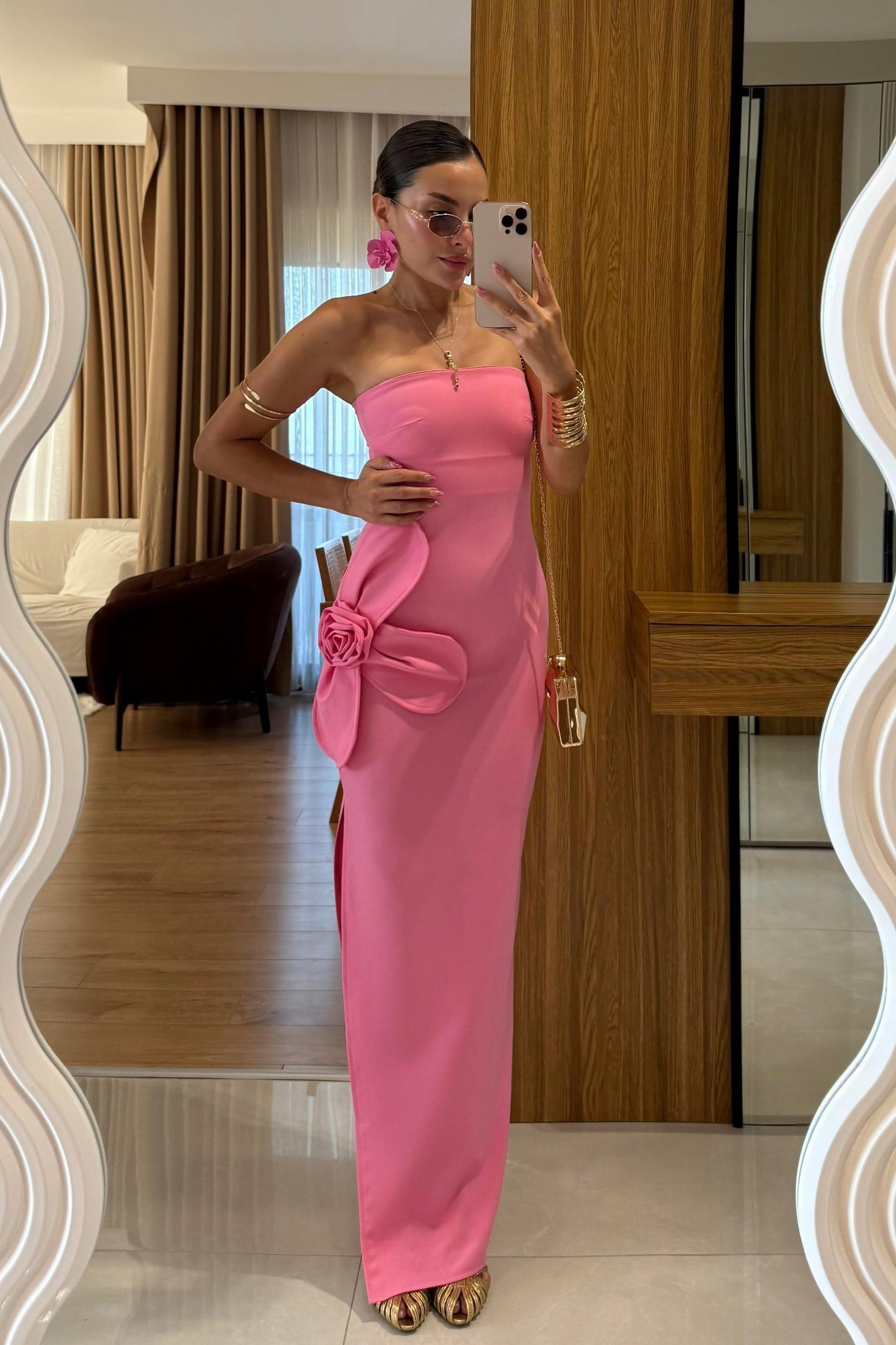 Orselle Pembe Gül Detaylı Straplez Elbise