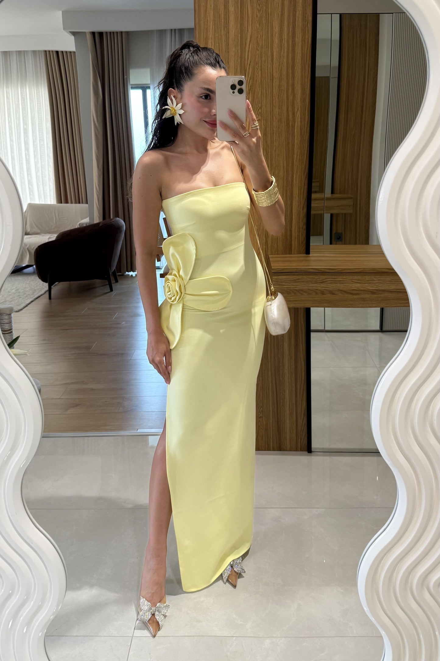 Orselle Sarı Gül Detaylı Straplez Elbise