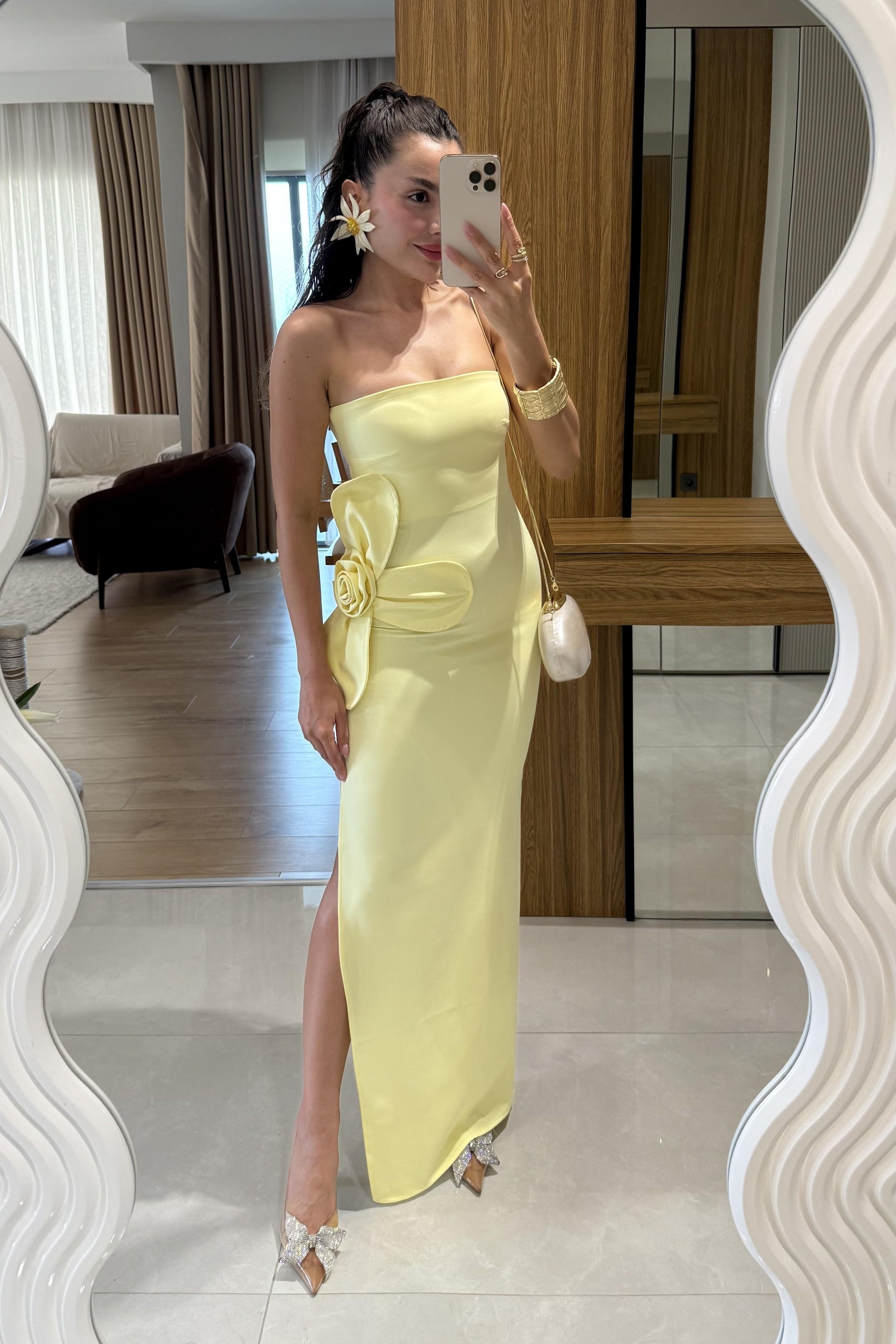 Orselle Sarı Gül Detaylı Straplez Elbise