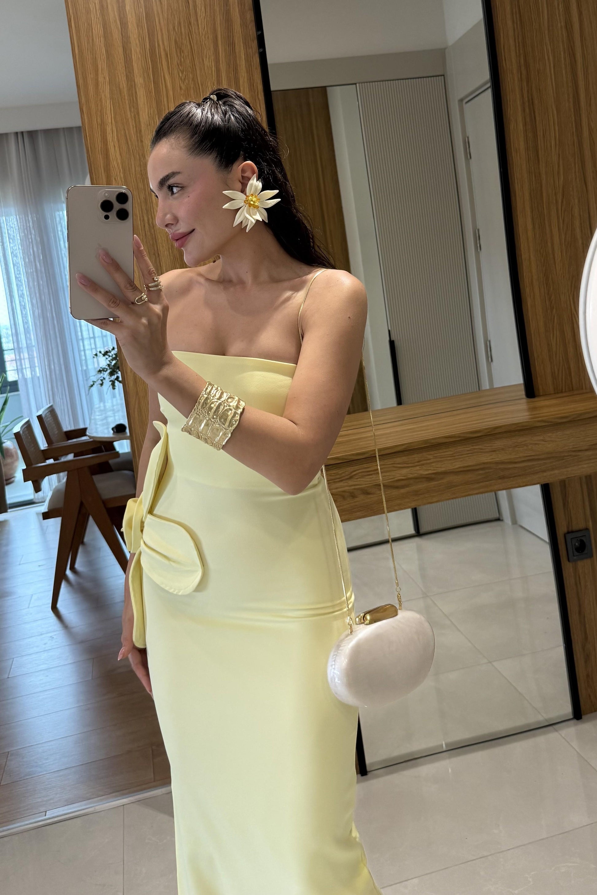 Orselle Sarı Gül Detaylı Straplez Elbise