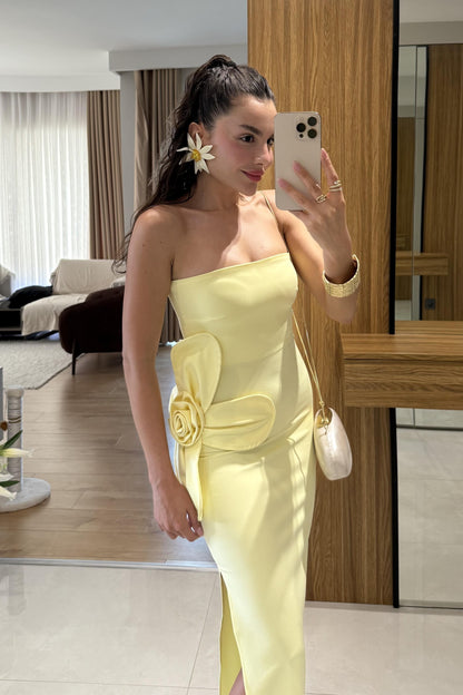 Orselle Sarı Gül Detaylı Straplez Elbise