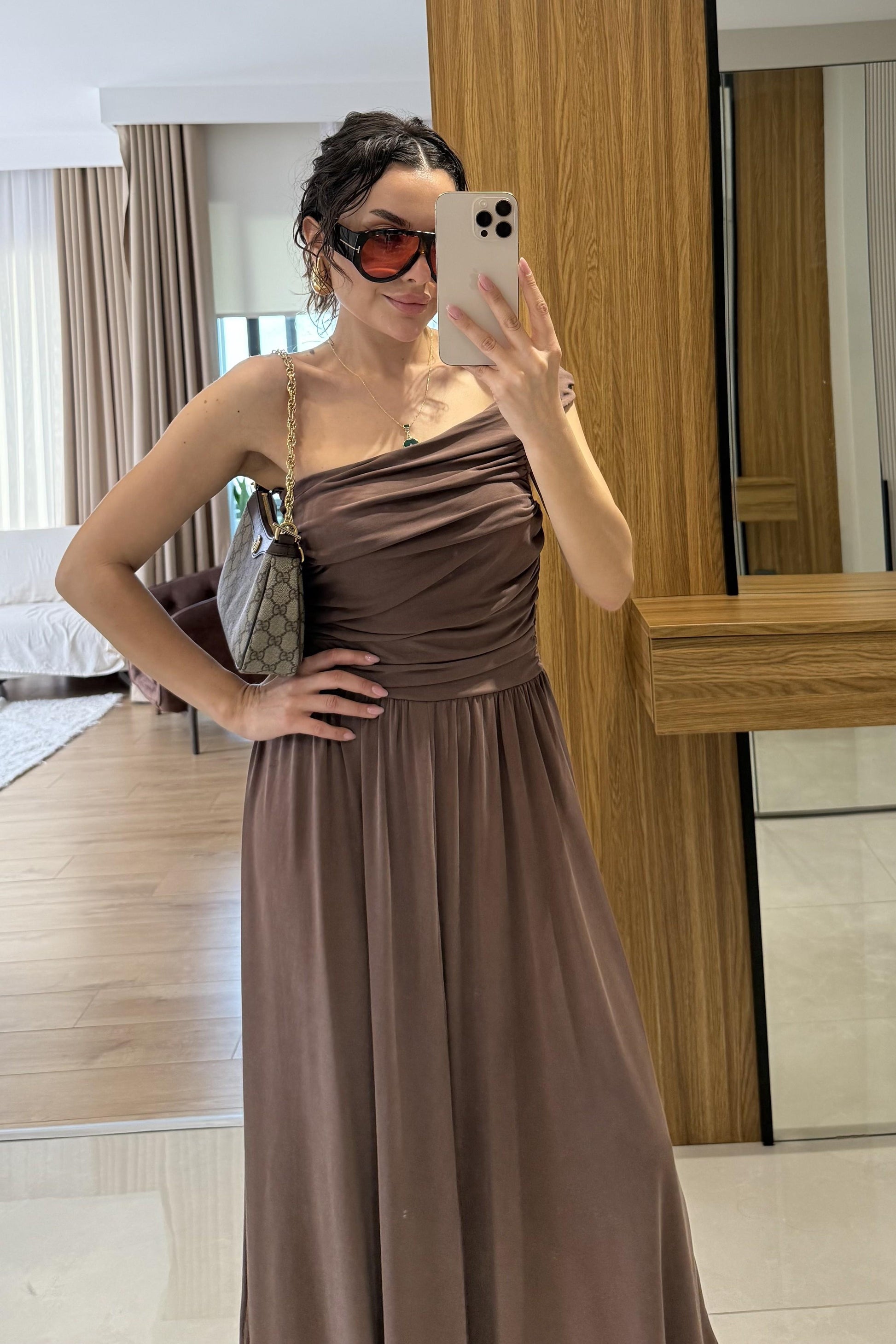 Oslo Kahve Tek Omuz Modal Elbise