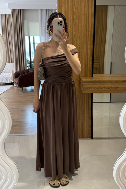 Oslo Kahve Tek Omuz Modal Elbise