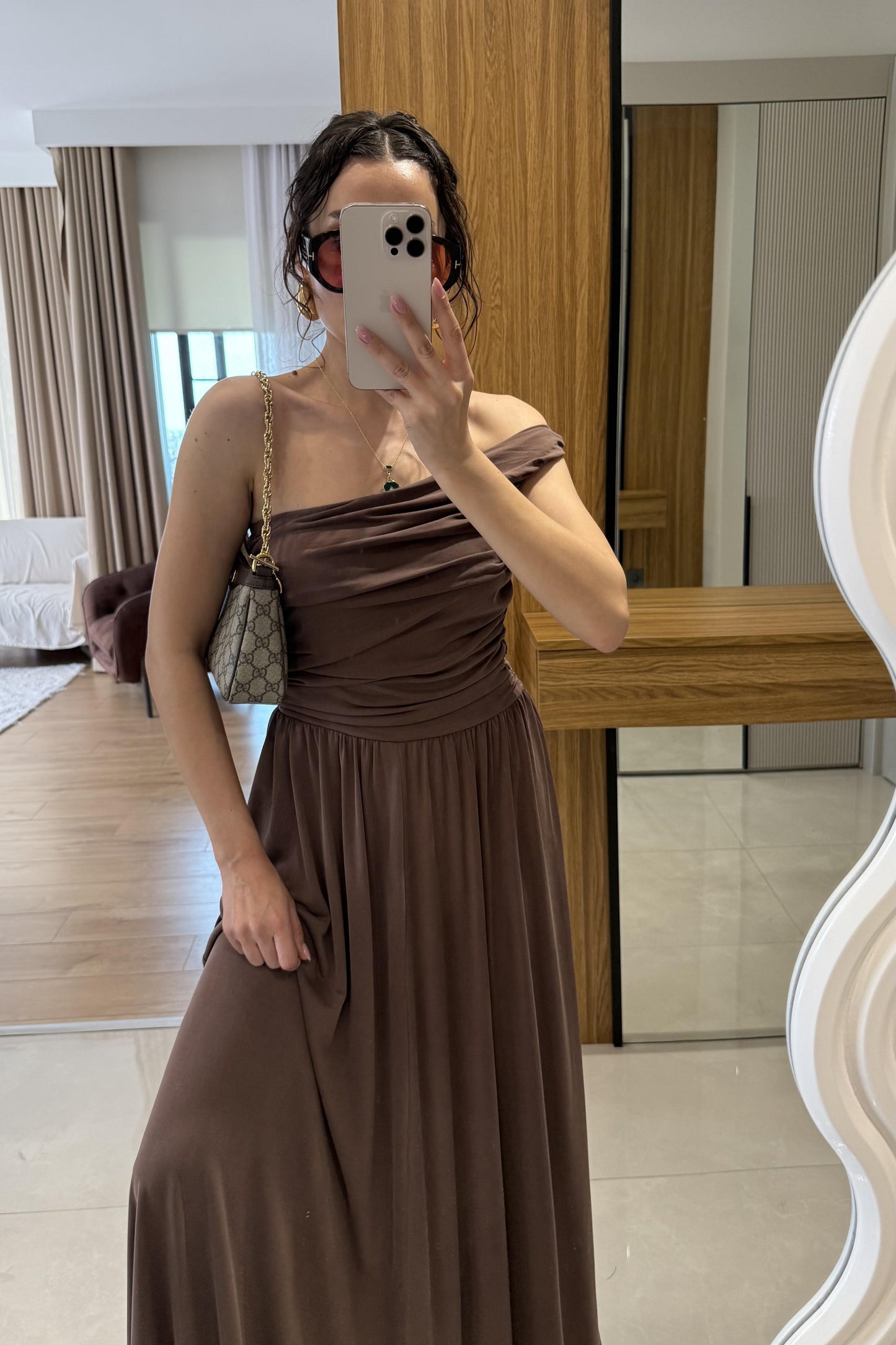 Oslo Kahve Tek Omuz Modal Elbise