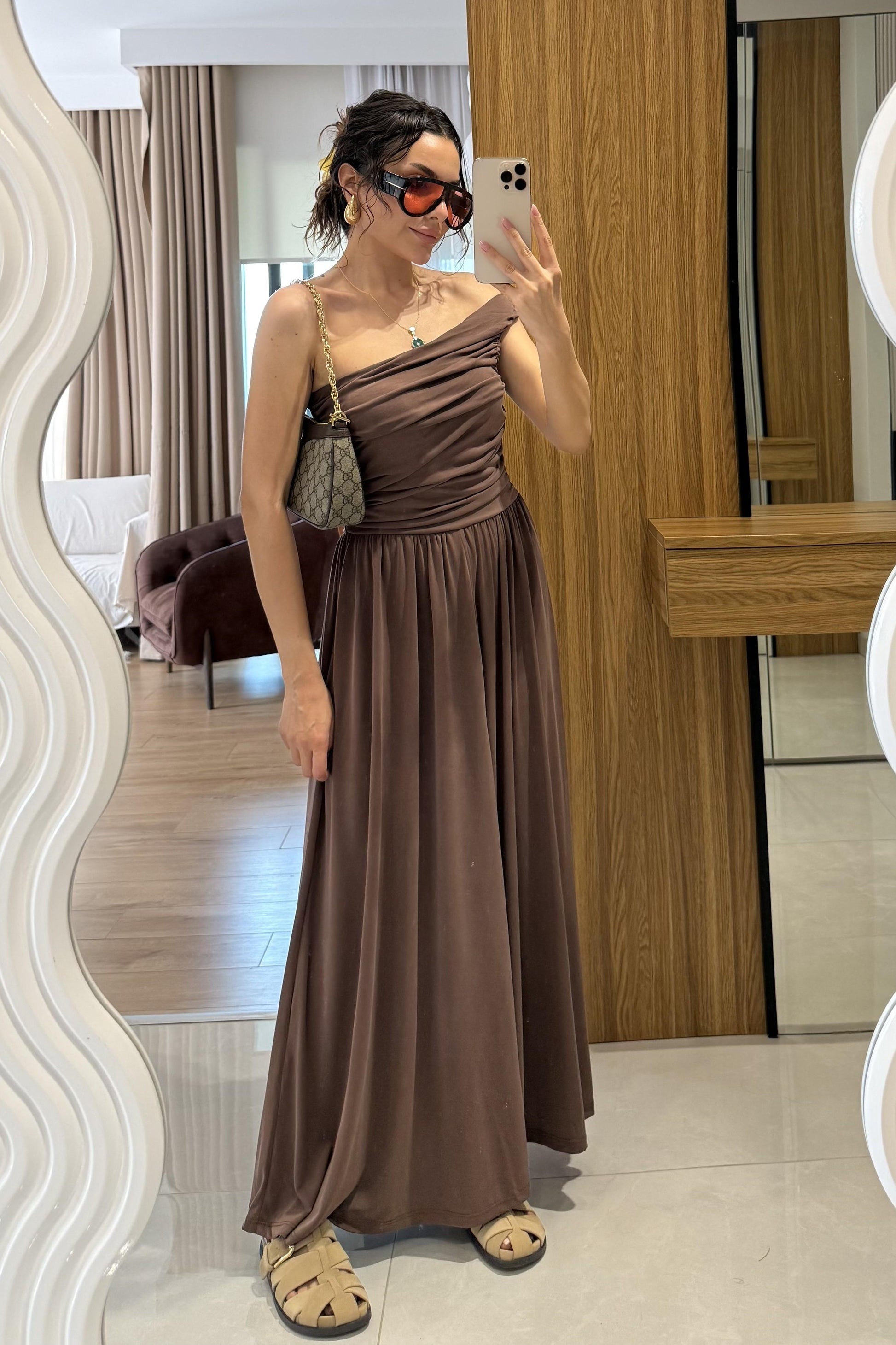 Oslo Kahve Tek Omuz Modal Elbise