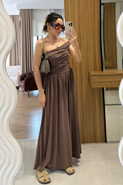 Oslo Kahve Tek Omuz Modal Elbise