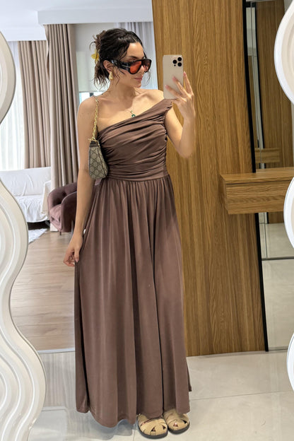 Oslo Kahve Tek Omuz Modal Elbise