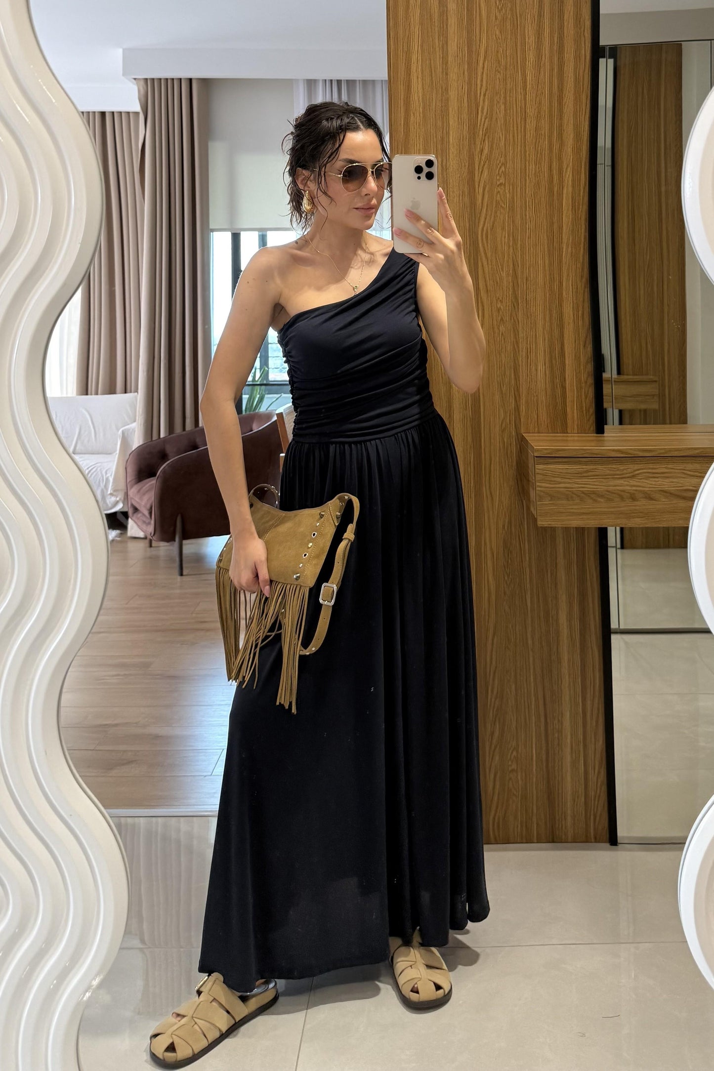 Oslo Lacivert Tek Omuz Modal Elbise