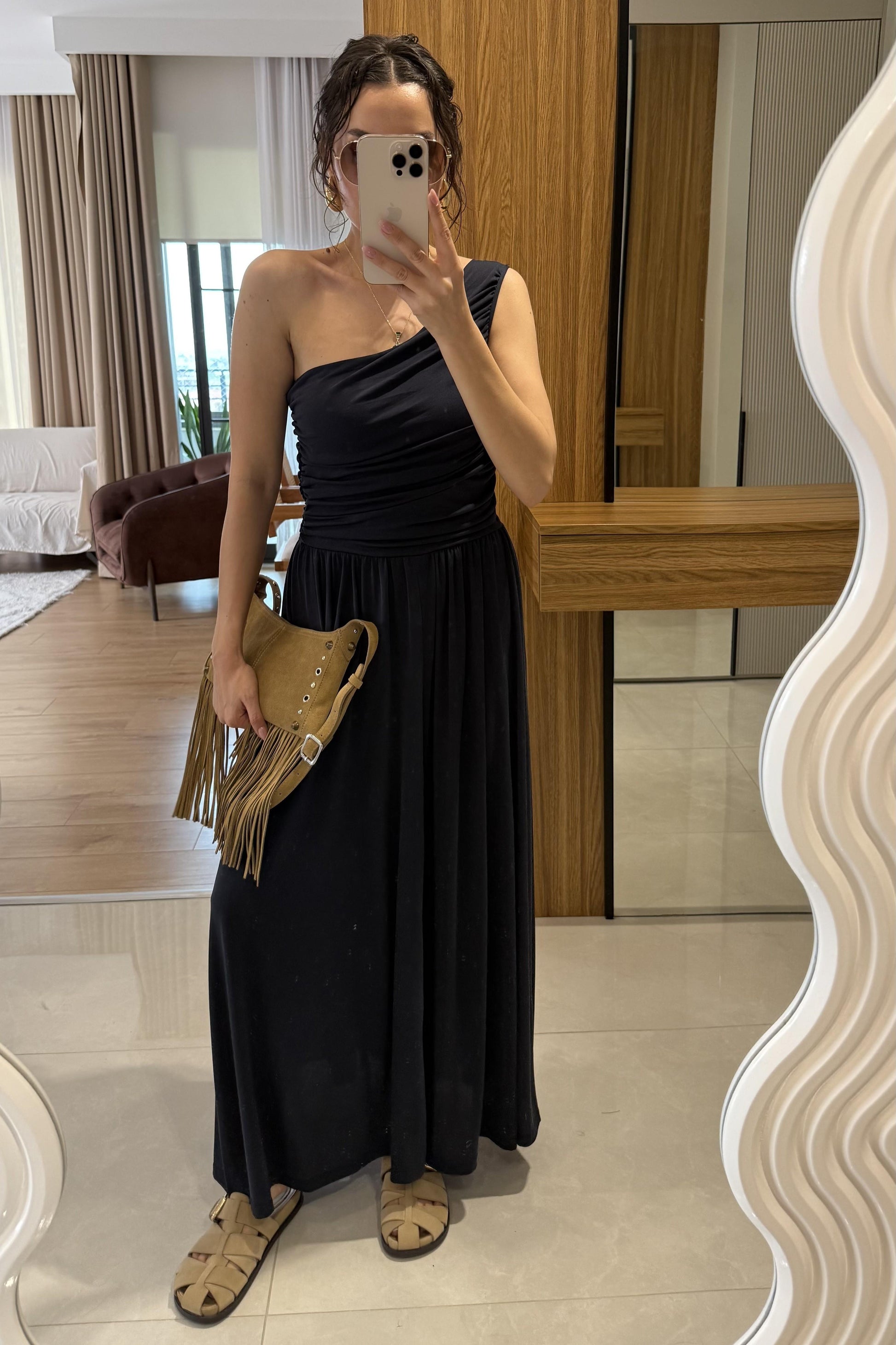 Oslo Lacivert Tek Omuz Modal Elbise