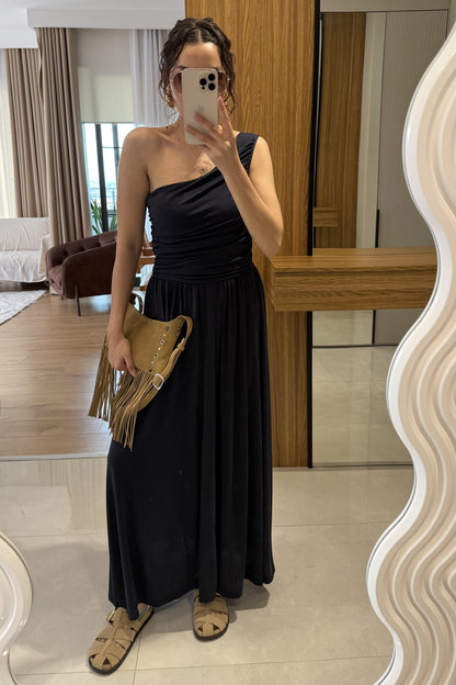 Oslo Lacivert Tek Omuz Modal Elbise